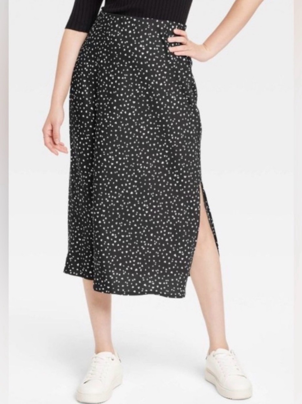 a new day Black Midi Skirt with White Heart Print
